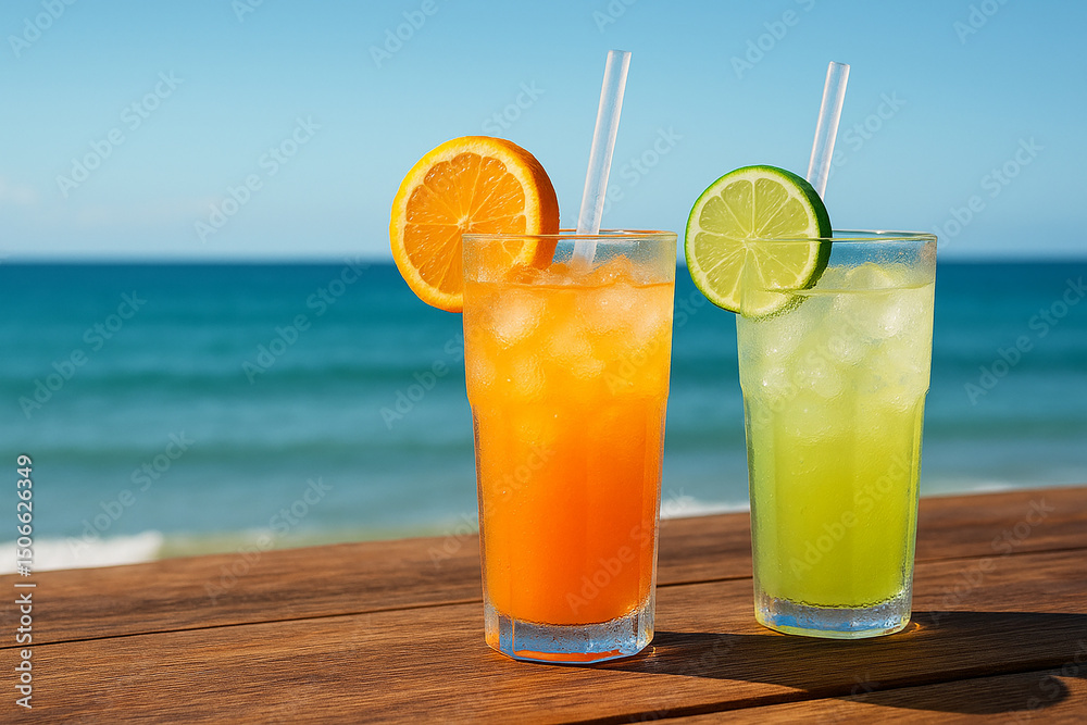 Close-up of two iced summer drinks on a wooden table near the sea — vibrant citrus colors, condensation on the glass, copy space for text Close-up of two iced summer drinks on a wooden table near the sea — vibrant citrus colors, condensation on the glass, copy space for text