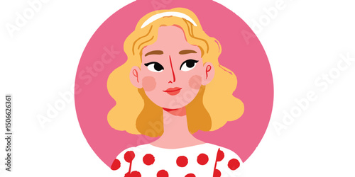 A charming illustration of a young woman with blonde, wavy hair, wearing a red polka dot dress, set against a soft pink circular background.