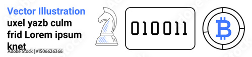 Chess knight, binary code, and cryptocurrency icon representing strategy, technology, blockchain, innovation, planning, decision-making and business. Ideal for fintech applications educational