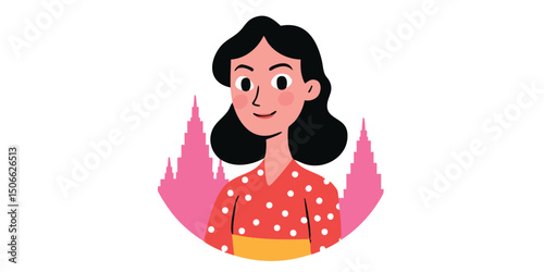 Smiling woman in polka dot dress.