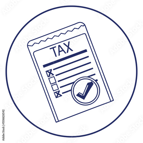 Tax form completed with a checkmark inside a circle icon illustration