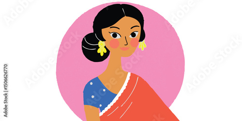 Illustration of a stylish woman with dark hair tied in a bun, wearing a saree and dangling earrings against a soft pink circle.