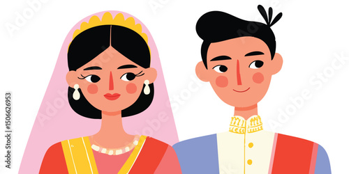A radiant cartoon depiction of a couple, adorned in cultural attire, signifies a union of love and tradition. A celebration of heritage.  Indian couple in traditional attire, 