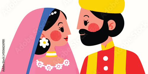 A loving couple shares an intimate moment of eye contact. The illustration is filled with details representing their deep connection and the cultural heritage they represent. Indian couple 