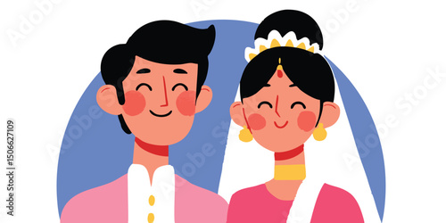 A smiling couple stands together, embodying the beauty of matrimony with joy and excitement. the perfect illustration for celebration, wedding or any occasion. Indian couple in traditional attire, 