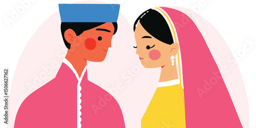An illustrated couple dressed in traditional attire, representing cultural significance. Indian couple in traditional attire, 