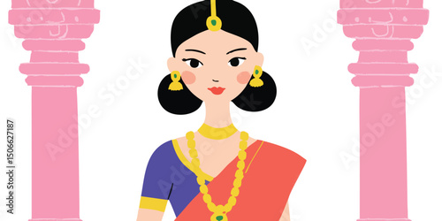 An elegant Indian woman,The lady is dressed in cultural clothing. Standing by the decorative column in a vibrant setting.