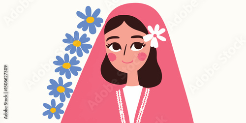 An illustration of a woman wearing a pink shawl adorned with flowers, exuding elegance and cultural charm. This captivating artwork radiates a sense of serenity and feminine grace.face avatar, user pr