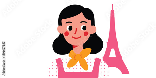 A cheerful illustration of a woman in Paris with Eiffel Tower. Depicting Parisian culture and travel with charm and a touch of humor.face avatar, user profile.