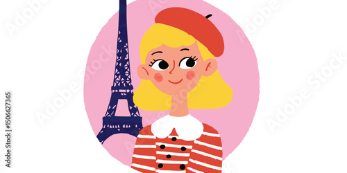 A charming illustration captures a stylish woman in front of the Eiffel Tower, conveying the romance of Paris with vibrant colors and playful design.face avatar, user profile.