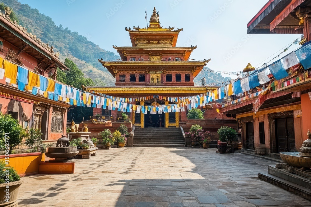 Obraz premium Tibet Prayer Flags. Ancient Buddhist Architecture with Blue Flags at Nepal Temple