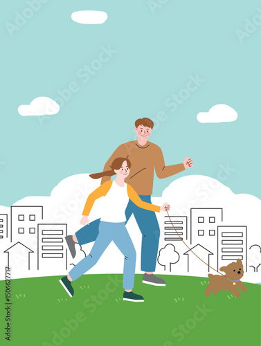 Couple Running with a Dog in the Park