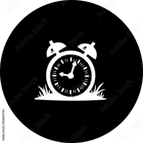 Stylized alarm clock icon on black background with simplified grassy base