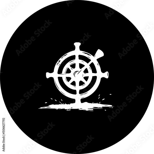 Stylized nautical helm illustration evoking maritime adventure and exploration