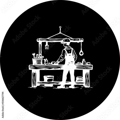 Monochrome illustration displaying a handyman working at their workbench