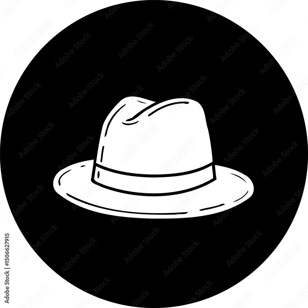 Stylish fedora icon on a black circle for vintage fashion theme design