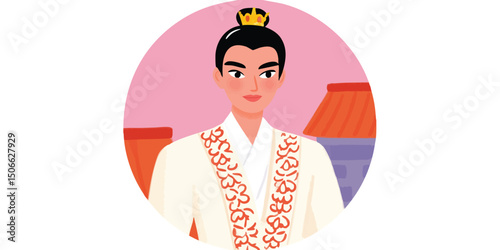 A young Asian prince exudes regal confidence in this vibrant cartoon portrait, adorned in traditional attire, against a backdrop of classic Asian architecture.