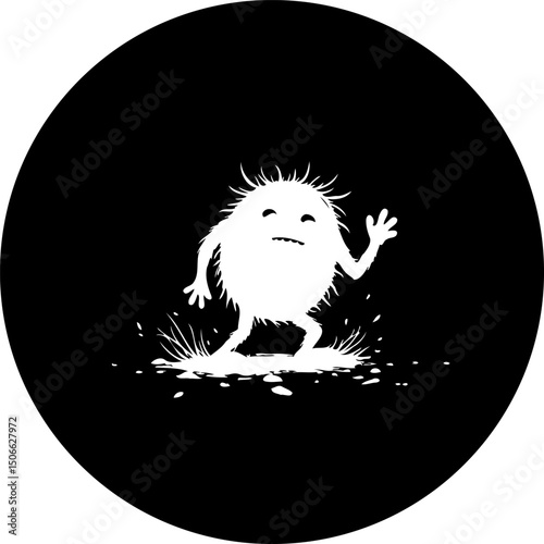 Humorous monochrome illustration of a spiky creature in a whimsical scenario