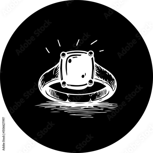 Elegant monochrome sketch of a solitaire ring on a dark background circle