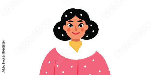 A cheerful woman with dark hair, wearing a pink polka dot coat with a white fur collar, smiles warmly against a white background.face avatar, user profile.
