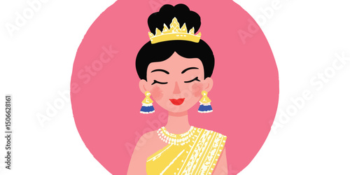 A serene princess in traditional attire, adorned with a crown and exquisite jewelry, emanating a sense of poise, grace and beauty, against a soft backdrop.face avatar, user profile.