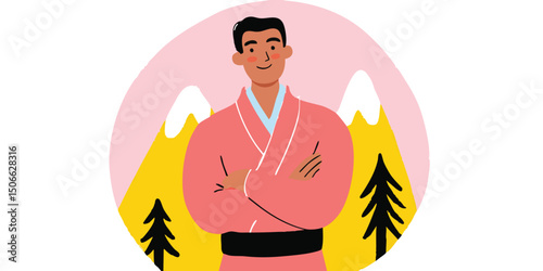 A serene illustration captures a man dressed in a traditional pink robe set against a backdrop of tranquil mountain, offering a harmonious blend of cultural elements.face avatar, user profile.