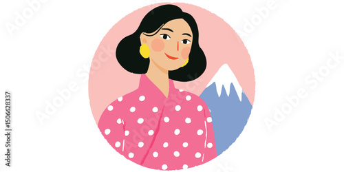 An Asian woman in a traditional outfit enjoys her holiday with mountain view illustration, evoking the charm of travel and culture. Capturing the essence of a journey.face avatar, user profile.
