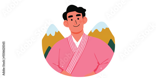 A serene illustration of a man, confidently standing before a stylized backdrop of mountains. Capturing a blend of human and nature, with an air of calm and composure.face avatar, user profile.