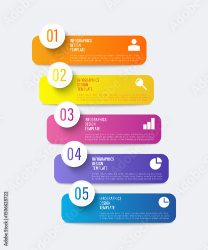 Color vertical infographic of five steps or processes.