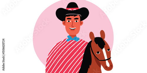 A vibrant illustration showcases a gaucho's portrait in a classic attire next to a horse, with dynamic color use. A celebration of traditional culture and heritage.face avatar.user profile.