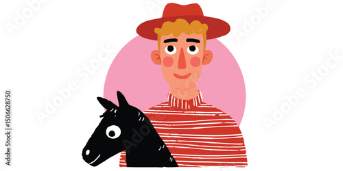A friendly, young cowboy rides a horse with bright colors, creating a cheerful and welcoming image. The boy's bright eyes and gentle smile invite viewers to feel joy.face avatar.user profile.