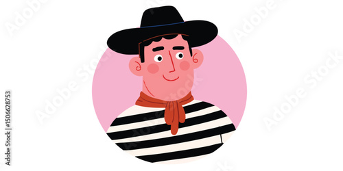 A portrait of a stylish man wearing a black hat, red scarf and striped shirt, a nod to classic style with a dash of modern flair.face avatar.user profile.