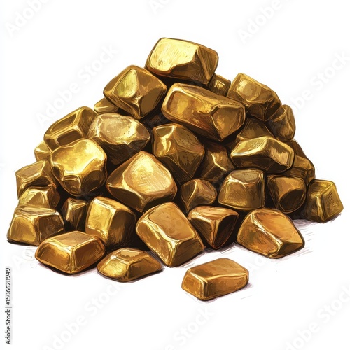 A haphazard pile of roughly-hewn, golden nuggets and bars, varying in size and shape, against a stark white background