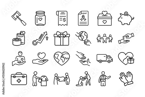 Charity and Social Welfare Line Icon Set. Donation, Fundraising, Volunteering, Medical Aid, Community Support, and Nonprofit Organization Vector Symbols in Outline Style