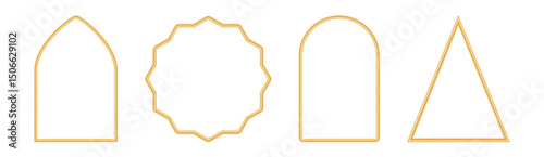 Collection of golden shiny arches. Window shape, gate, door, geometric arch in oriental style. Luxury realistic polygonal vignette frame. 3d elegant triangular design element. Vector illustration