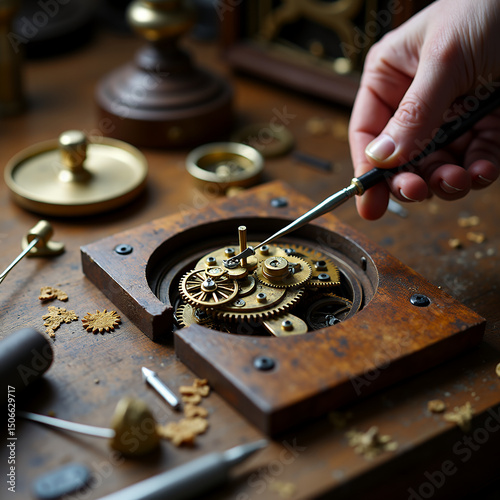 Artisan Restoring Vintage Cuckoo Clock Intricate Gears Mechanism Workshop Focus