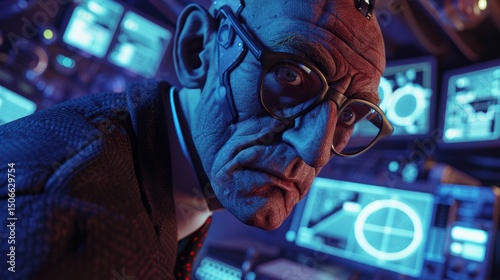 Villainous character 3D with cybernetic enhancements and a stern expression stands in a hightech control room, his menacing gaze reflecting his mastermind role. photo