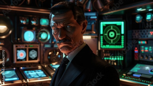 Villainous character 3D with cybernetic enhancements and a stern expression stands in a hightech control room, his menacing gaze reflecting his mastermind role. photo