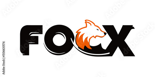 FOX text and inside the O waving figure fox tail sweetheart, fox wolf logo icon vector illustration element isolated.Bright Orange "FOX" Logo Design