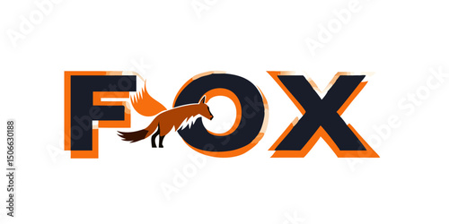 FOX text and inside the O waving figure fox tail sweetheart, fox wolf logo icon vector illustration element isolated.Bright Orange "FOX" Logo Design