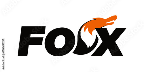 FOX text and inside the O waving figure fox tail sweetheart, fox wolf logo icon vector illustration element isolated.Bright Orange "FOX" Logo Design