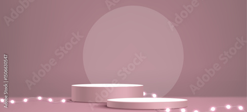 Bright spherical light bulbs garland illuminating round podium stage - glowing white orbs string on soft dusty rose background. Minimalist 3d product display platform with luminous decor.