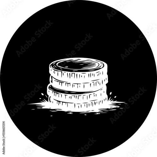 Monochromatic rendition of stacked coins against solid dark round backdrop