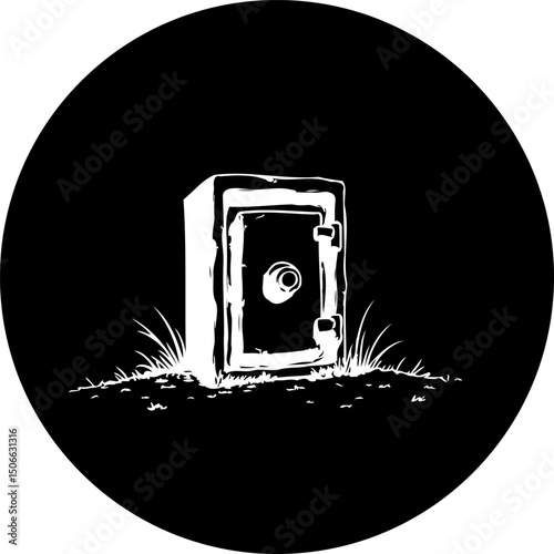 Monochromatic safe illustration on a dark background within a circular frame