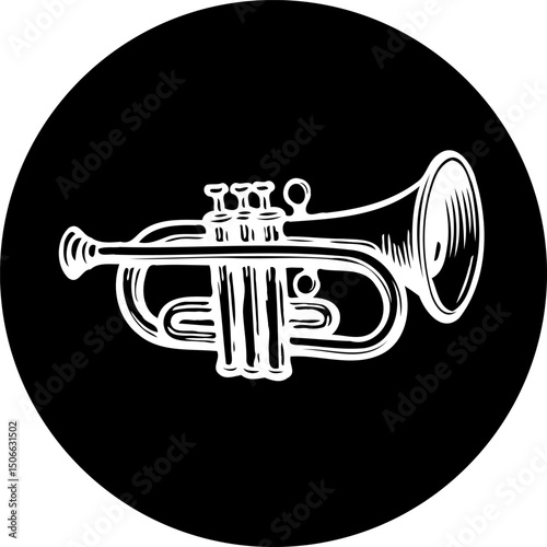 Elegant monochrome depiction of a trumpet against a stark black background design