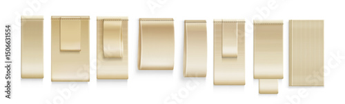 Set of blank beige clothing labels and tags mockup templates isolated on white background. Vertical folded and flat empty fabric ribbons and textile badges. 3d vector for garment logo branding.
