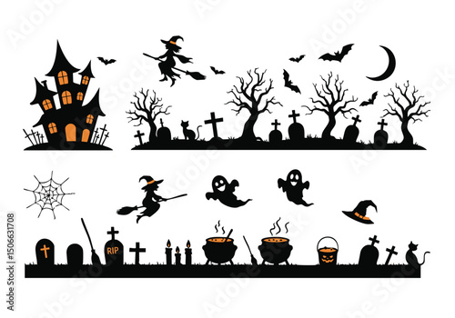 Halloween Silhouettes Witches, Ghosts, Haunted House, Graveyard, Bats - Vector Illustration