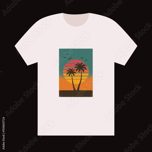 “A vintage-style retro sunset with palm trees and birds, 1980s color palette, distressed texture, minimalist style”