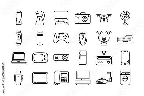 Electronics and Home Appliances Icon Set.  Line Style Vector Icons of Gadgets, Kitchen Devices, Smart Technology, Computers, Phones, and Modern Household Equipment