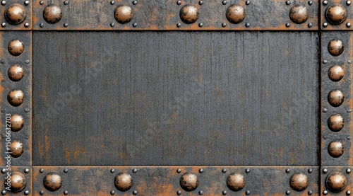 Rectangular rusty metal plate with a dark grey center and a copper-toned border studded with rivets
